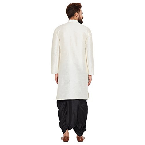 Image of SOJANYA (Since 1958 Men's Off-White and Gold Dupion Silk Dhoti Kurta Set