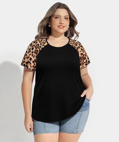 Image of CARCOS Plus Size Tops for Women Short Sleeve Raglan Striped Tee Color Block Crewneck /V Neck Tunic Loose Fit Summer XL-5XL