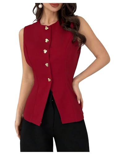 Floerns Women's Elegant Sexy Heart Metal Button Down Suit Vest Business Casual Lightweight Jacket Blouse Tops