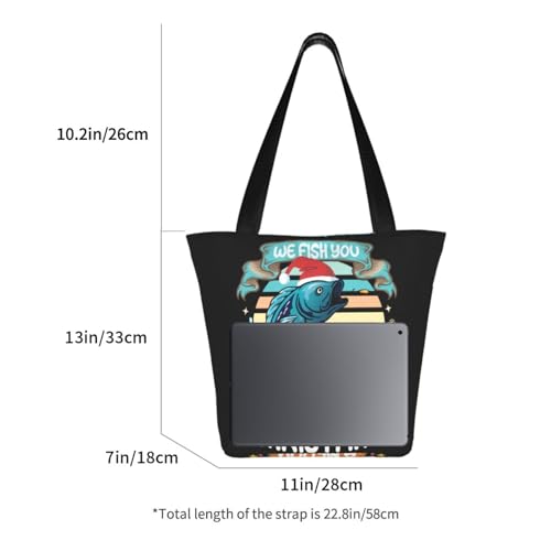 We Fish You A Merry Christmas Reusable Shopping Tote Bag, Lightweight Durable Shoulder Bag With Zipper Pocket - Fashionable Grocery Bag For Travel & Beach2