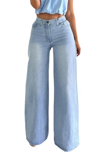 Image of Women's Straight Leg Jeans High Waisted Wide Leg Stretchy Baggy Denim Pants