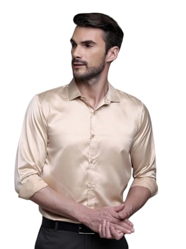 Image of IndoPrimo Men's Satin Shirt with Spread Collar Neck Line Solid Pattern Full Sleeves Regular Fit Western Style and Standard Length