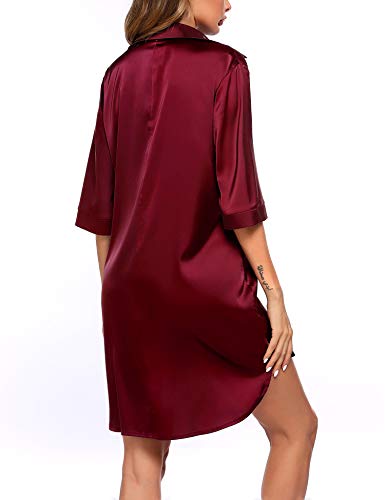 Image of Ekouaer Women's Satin Nightshirt Button Down Sleepshirt Silk 3 /4 Sleeve Nightgown Boyfriend Notch Collar Sleepwear S-3XL