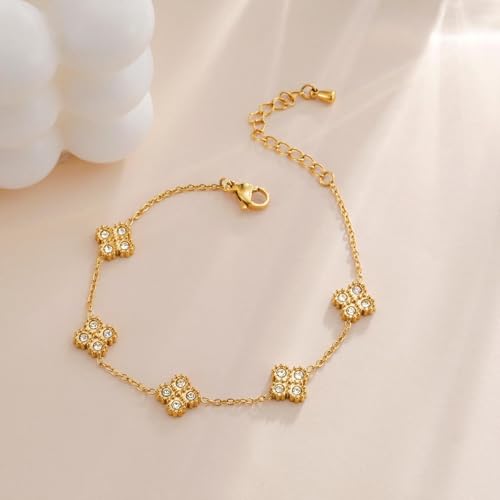 18K Gold Plated Clover Bracelet for Women Four Leaf Cubic Zirconia Stainless Steel Dainty Flower Link Bracelets2