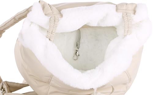 Hunderucksack - Bauchtrage Cuddi Beige – 32x22x25cm – Polyester & Plüsch – Top-Öffnung – Boden abnehmbar – Seitentaschen – Staufach – Schulterriemen – Sicherheitsleine