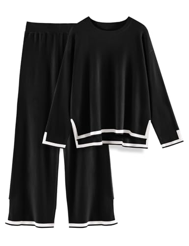 Yuson Girl Conjunto Punto Mujer 2 Piezas Manga Larga Color Sólido Conjunto Mujer Vestir Dos Piezas Otoño Cuello Redondo Top y Pantalon Deportivo Suelto Conjuntos de Salón(Negro, M)