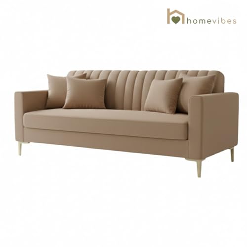 Image of 3 Seater Velum Fabric Sofa Set for Living Room, Modern Design with High Density Foam, Solid Wood Frame, Ergonomic Comfortable Seating for Home & Office (Light Brown, 3 Seater) | Soft foam comfort, Strong wood frame