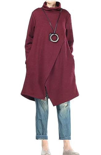 Minibee Womens Long Sleeves Dress Cowl Neck Pullovers Irregular Hem Sweater Dress with Pockets