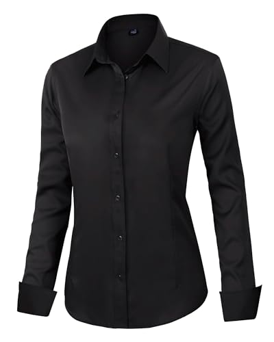 J.VER Bluse Damen Casual Business Blusen Button Down Shirts Klassische Langarm Kragen Tops Bügelleichtes Modern Oberteil,Schwarz,S