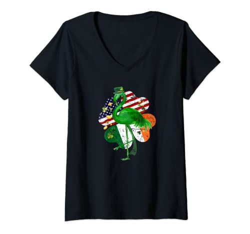 Mujer Día de San Patricio Flamingo Leprechaun Hat Bandera Americana Irlandesa Camiseta Cuello V