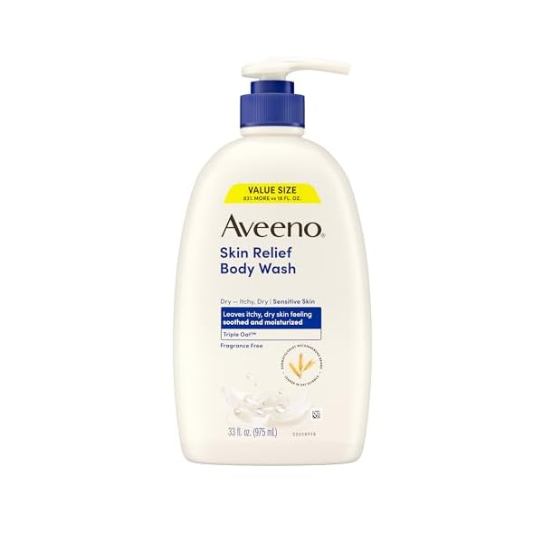 Aveeno Skin Relief Fragrance Free Body Wash, Triple Oat Formula, Gentle Daily Cleanser for Itchy Dry Sensitive Skin, Soap & Paraben Free, Soothes & Moisturizes, 33 fl oz