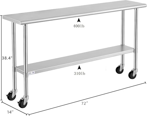 Image of ROCKPOINT Stainless Steel Table for Prep & Work with Caster Wheels 14x72 Inches, NSF Metal Commercial Kitchen Heavy Duty Table with Adjustable Under Shelf and Table Foot for Restaurant, Home and Hotel