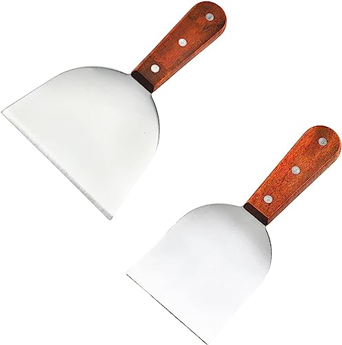 SKDFHOD Set di 2 spatole per hamburger, in acciaio inox, spatola con manici in legno, spatola plancha, raschietto professionale, spatola per barbecue teppanyaki, bistecche, pizza