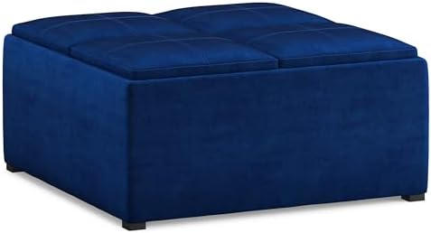 SIMPLIHOME Avalon 35 inch Wide Contemporary Square Coffee Table Storage Ottoman in Blue Velvet Fabric, Assembled, For the Living Room and Bedroom