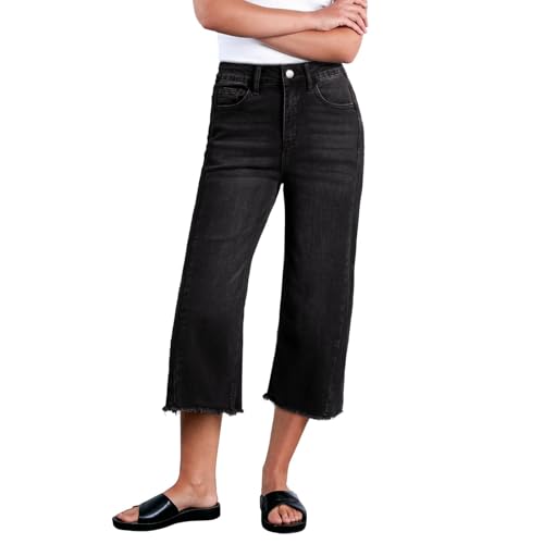 Wide Leg Cropped Jeans for Women Stretchy High Waisted Raw Hem Petite Ankle Jeans Y2k Baggy Boyfriend Jean Capris