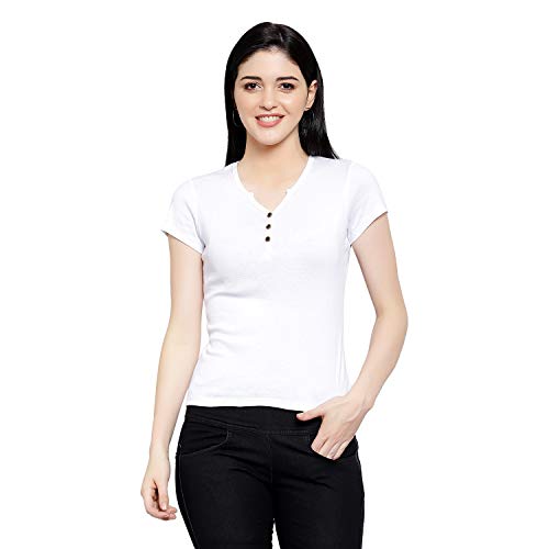 Image of Women Solid Slim Fit Henley V-Neck Button Front Short Sleeve Casual Cotton Top