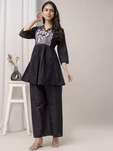 Image of Women's Rayon Kurti Set with Palazzo Pants | Embroidered V-Neck A-Line Short Kurti with 3 /4 Sleeves | Casual Ethnic Co-Ord Set for Daily Wear, Office & Festive