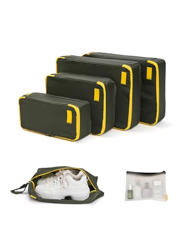 Image of MOKOBARA Transit Travel Combo - Polycarbonate Cabin & Check-in Luggage Set with TSA Lock & Silent Wheels (Black) with 6-Piece Packing Cube Organizer Set, Shoe Bag & Toiletry Pouch (Green)