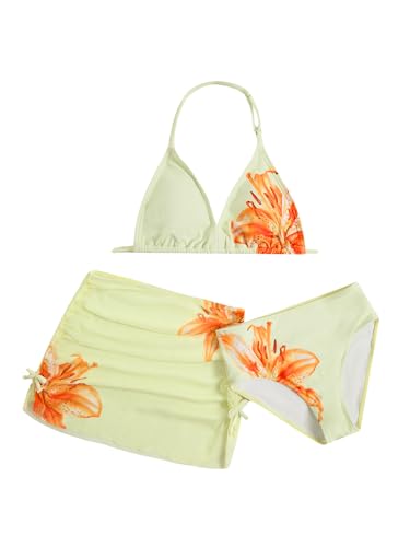 Image of RoseSeek Girl's 3 Piece Cute Bowknot Bathing Suit Halter Triangle High Waisted Swimsuit with Beach Cover Up Skirt