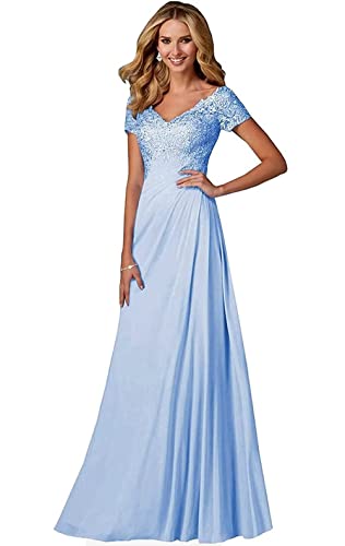 Lace Applique Mother Of The Groom Dresses V-Neck A-Line Chiffon Ruched Gold Long Formal Dresses For Women Wedding Guest Plus Size Us20W #TOP6