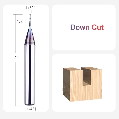 Image of SpeTool 1 /32 Down Cut CNC Router Bits 1 /4 Inch Shank with TAC Long Life Coated , Solid Carbide Spiral End Mill Plunge Cut for Wood Engraving Carving
