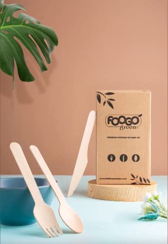 FOOGO Green 600pcs Disposable Wooden Cutlery Set, FSC® Certified, 200 x Forks 200 x Spoons 200 x Knives,16cm, Biodegradable Compostable, Eco Friendly, Wedding Picnic, Like Bamboo