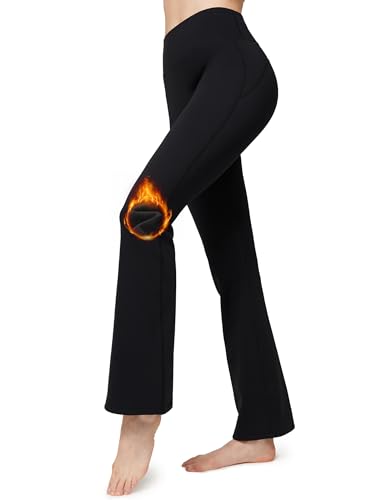 Yvette Fleece Lined Flare Leggings Thermal Soft Warm High Waisted Tummy Control Yoga Pants Black