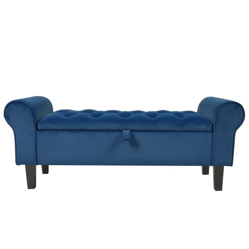 Image of Rolled Arm Storage Ottoman Bench | Tufted Velvet Sofa Bench with Hidden Storage | 2 Seater Bedroom Living Room Window Seating | Upholstered Lounge Bench Footrest End of Bed Seat | Blue
