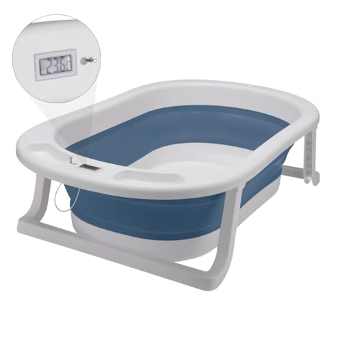 Banheira Retratil Portátil Dobrável Infantil com Termometro Digital Banho Bebê Azul Awiki