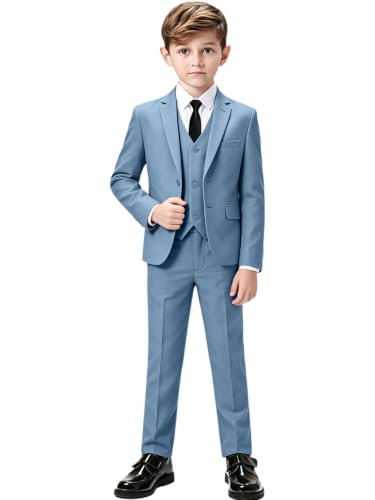 Boys Suits Size 16 Blue Gray Tuxedo for Boys 5 Pieces Outfit with Blazer,Vest,Pants,Shirt and Tie for Formal Occasions