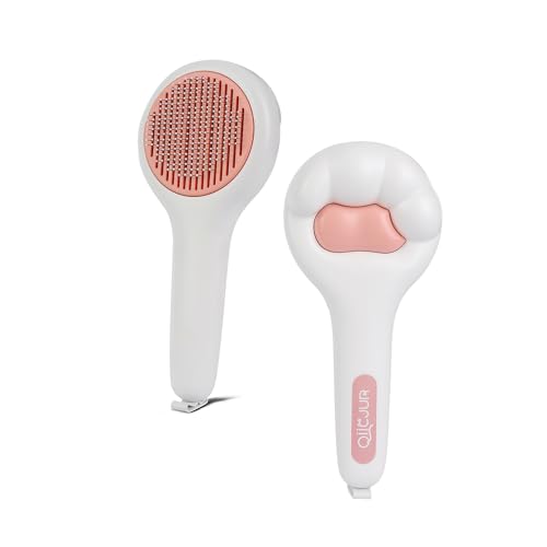 Image of Cat Brush for Long or Short Haired Cats and Dogs, Self Cleaning Pet Hair Brush, Removes Loose Fur, Tangles, Mats, Dander, Dirt, Provides Relaxing Massage, Pink White