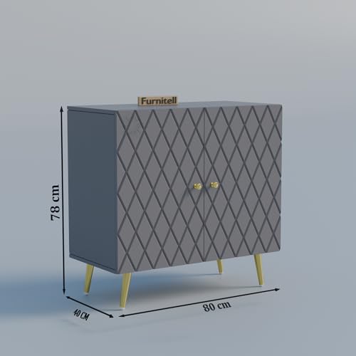 Image of Modern Wooden Storage Cabinet with 2 Doors | Geometric Design Sideboard /Cupboard for Living Room | Multipurpose Organizer for Bedroom & Entryway | HDMR Premium Wood | Gold Metal Legs(Grey)