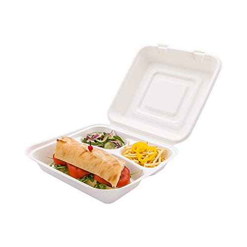 Restaurantware Bagasse Take Out Container Bagasse To Go Box Clamshell - Durable All Natural Premium Disposable Material - 3 Compartments - 25 oz - 10" - 100ct Box