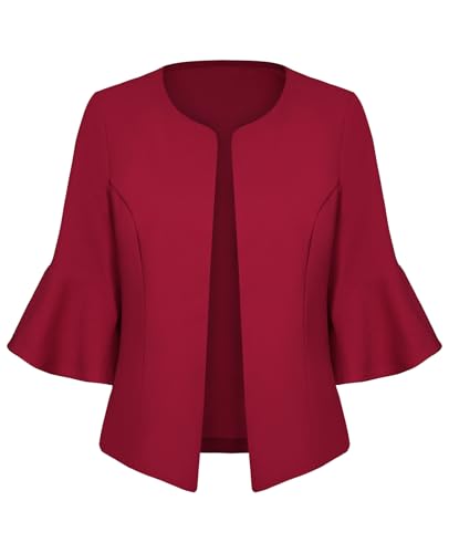 Womens Casual Blazers Cropped Work Office Trumpet 3/4 Sleeve Suit Jacket Casual Elegant Blazers(Red XL)