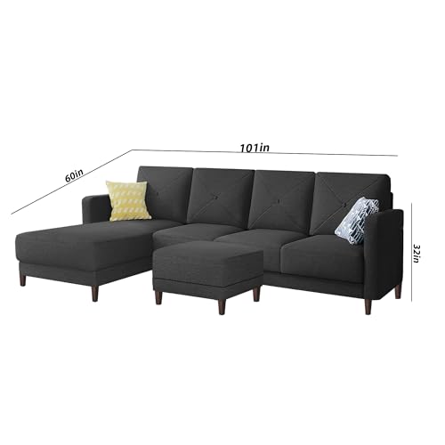 Image of Baloney LHS 6 Seater L Shape Sofa Set with Center Table for Living Room (Black Fabric) Premium Fabric Sofa