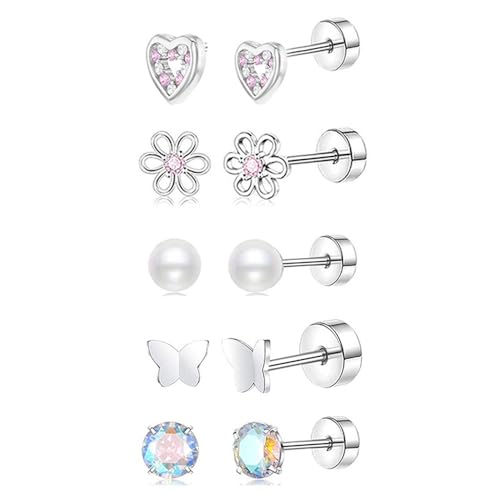 XFSRG Pendientes Niña Plata Hipoalergénicos con Diseño de Mariposa Flor y Corazón para Ocasiones Especiales (Plata)