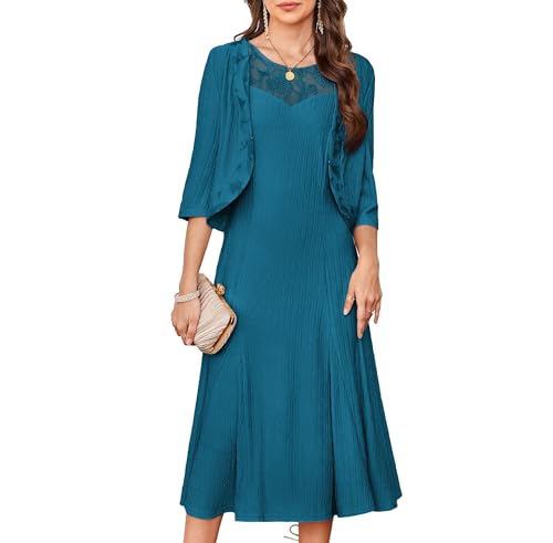 Formal Dresses for Women 2 Piece Floral Lace Dressy Holiday Outfits with Cardigan Blue-Green L