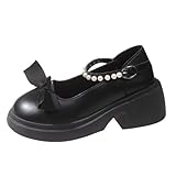 [ALVEIN] レディース パンプス ロリータ メリージェーン ストラップ リボン 可愛い おでこ靴 ゴスロリ メイド パール 厚底 (マットブラック, 23.5 cm)