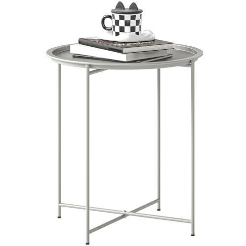 Outsunny Round Small Garden Table with Removable Tray and Folding Legs Metal Garden Side Table Indoor Outdoor Coffee Table End Table for Patio Balcony Porch 46 x 46 x 53 cm White