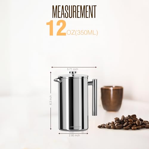 Utopia Kitchen 304 Grade Stainless Steel French Press Coffee Maker 12 Oz, Double Wall Insulated Coffee Press with 4-Level Filtration system, Include 2 Extra Filters, Rust-Free, Dishwasher Safe, Silver