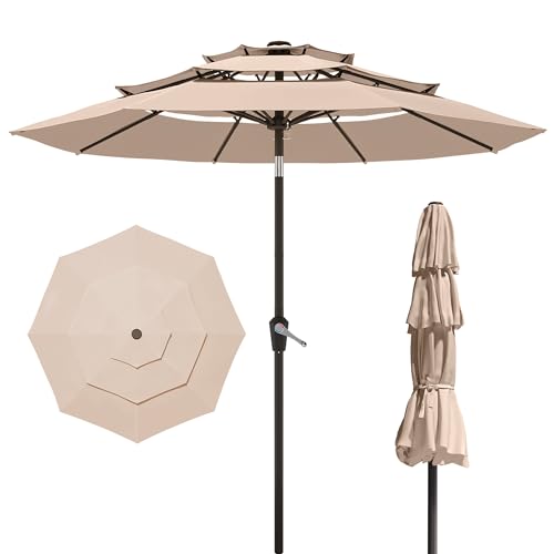 PatioKingdom 9ft 3-Tier Patio Market Umbrella with Crank/Tilt, Commercial Heavy Duty Wind Proof,Outdoor Table Umbrella with 8 Fiberglass Ribs,UPF50+ for Deck,Pool,Garden,Backyard (Beige)