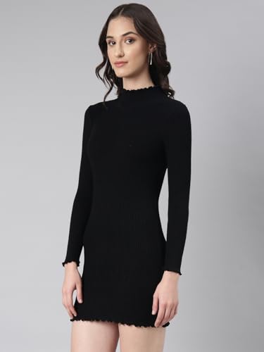Image of SHOWOFFFF Women Solid Bodycon Casual Dress | High Neck Half Sleeves Knitted Dress for Womens | Above Knee Dress for Women's