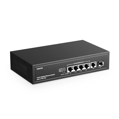 Image of 6 Port Gigabit PoE Switch, 4 POE+, 1 Uplink, 1 SFP, IEEE802.3af /at, Max 65W, VLAN & PoE Extend 250m, Fanless Plug & Play YuLinca Ethernet Switch