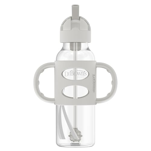Image of Dr. Brown's Milestones Narrow Sippy Straw Bottle, Spill-Proof with 100% Silicone Handles and Weighted Straw, 8 oz/250 mL, Gray, 6m+