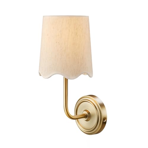 Image of Novogratz x Globe 1-Light Hardwire or Plug-in Wall Sconce, Matte Brass, White Fabric Shade, in-Line Rocker Switch, 6 Ft Fabric Cord Included