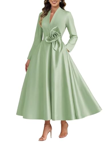 Caodip Satin Formal Evening Dresses for Women V Neck Tea Length Elegant A Line Wedding Guest Dress Tea Length Long Sleeve Ball Gown Sage Green US16W