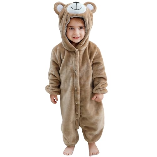 BETTERFUN Unisex Baby Bear Hooded Romper Jumpsuit Toddler Infant Plush Halloween Outfits 24-30 Months Khaki