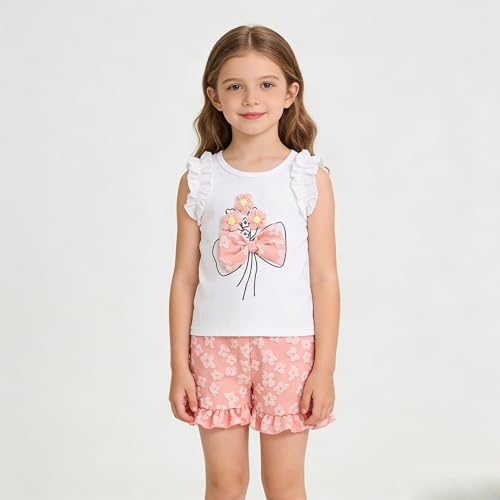 Image of Ayzozuy Kid Girl Clothes Shorts Set 2 Piece Outfits Summer Casual Short Sleeve Top and Shorts Set for Girls 4-7