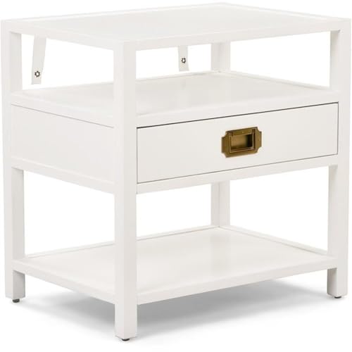 Finch Lockwood Modern 2-Tier Wood Campaign Side Table, Bedside Nightstand with Storage Shelf with 1 Drawer, Living Room Accent, White