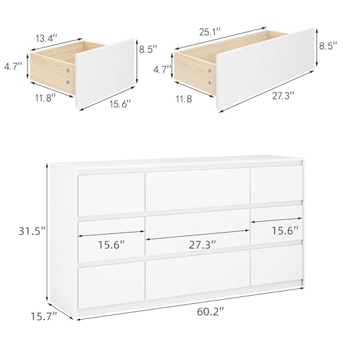Image of White Dresser for Bedroom, 60.2 inch W High Gloss Large 9 Drawers Dressers with Handle Free, Wide High Gloss Chest of Drawers Large, Long Modern Storage Drawer Dresser for Bedroom, Living Room
